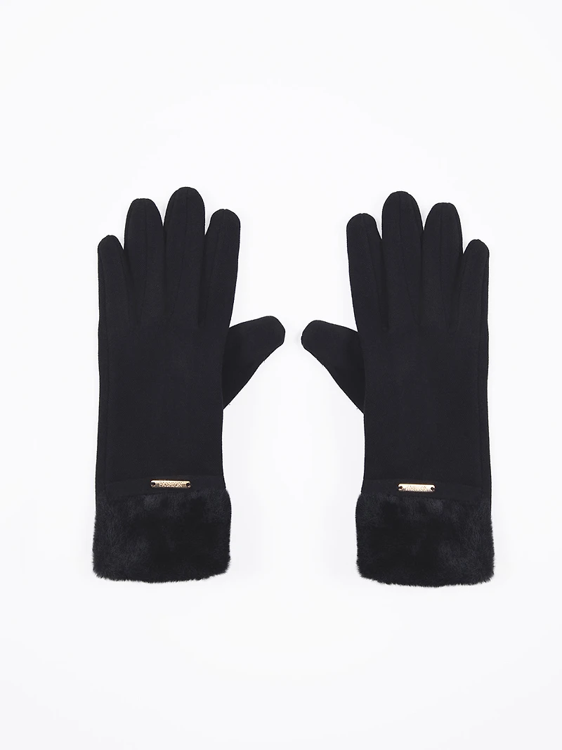 Gants noirs avec manchettes en fausse fourrure