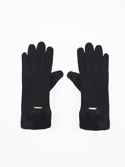 Gants noirs avec manchettes en fausse fourrure