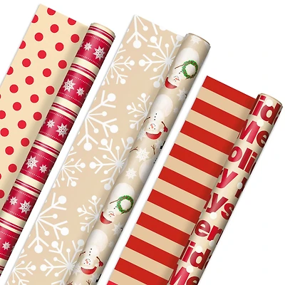 Hallmark Reversible Christmas Wrapping Paper (3 Rolls: 120 sq. ft. ttl) "Merry Holidays," Snowflakes, Snowmen, Red Stripes