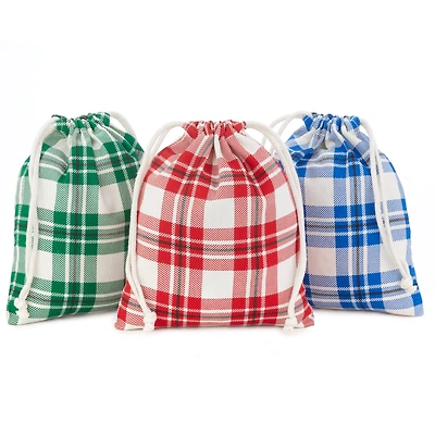Hallmark 10" Drawstring Fabric Gift Bags (3 Plaid Bags: Red, Blue, Green) for Christmas, Hanukkah, Birthdays, Housewarming Gifts