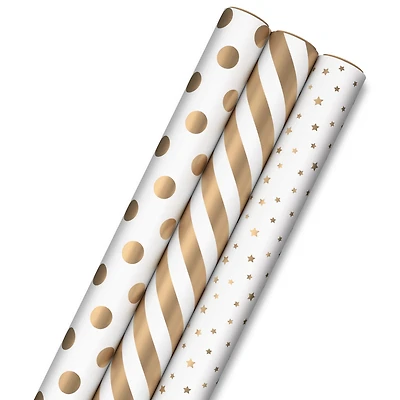 Hallmark All Occasion Wrapping Paper Bundle with Cut Lines on Reverse - White and Gold (3-Pack: 105 sq. ft. ttl.) for Birthdays, Weddings, Valentine's Day, Graduations, Engagements, Bridal Showers and More