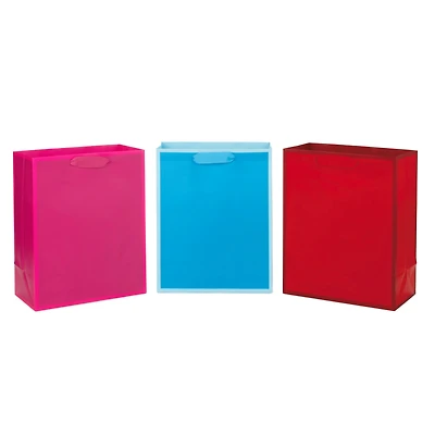 13" Large Solid Color Gift Bags - Pack of 3 (Red, Blue, Hot Pink) for Birthdays, Baby Showers, Holidays and More