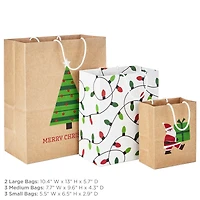 Sustainable Christmas Gift Bags for Kids (8 Bags: 3 Small 6", 3 Medium 9", 2 Large 13") Recyclable Kraft with Santa, Lights and Tree