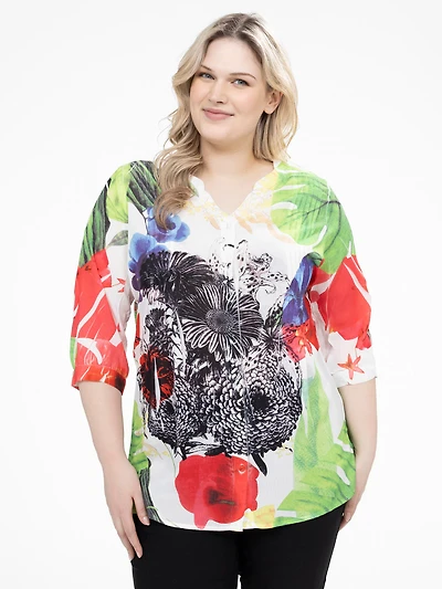 3/4-sleeve semi-fitted tunic with buttons