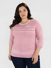 3/4-sleeve semi-fitted pullover sweater