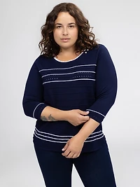 3/4-sleeve semi-fitted pullover sweater