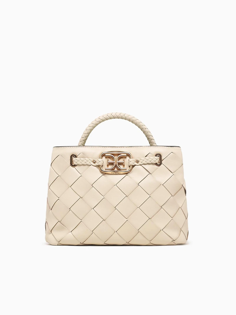 Cleo Small Woven Satchel Cream Leather