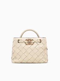 Cleo Small Woven Satchel Cream Leather