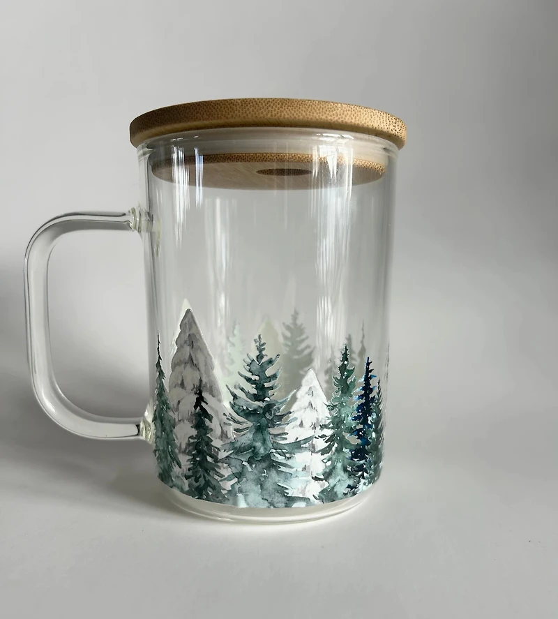 Tasse en verre avec couvercle et paille (17 oz) sapin