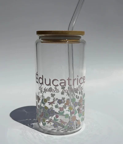Tumbler en verre avec couvercle et paille (16 oz) - Éducatrice pastel 💛