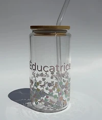 Tumbler en verre avec couvercle et paille (16 oz) - Éducatrice pastel 💛