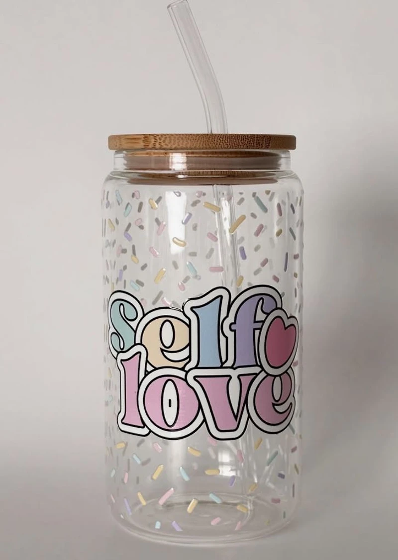 Tumbler en verre avec couvercle et paille (16 oz) - Amour propre