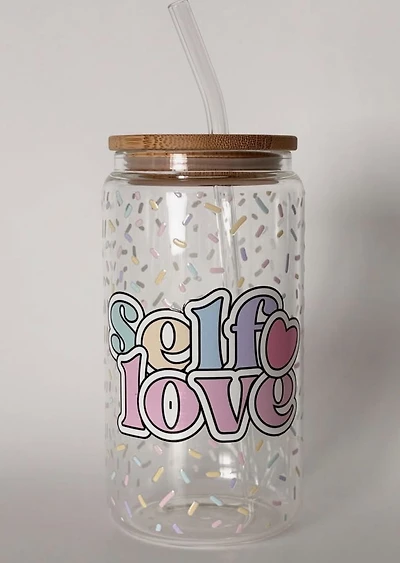 Glass Tumbler with Lid and Straw (16 oz) - Self Love