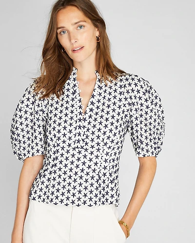 Embroidered Balloon Sleeve Top