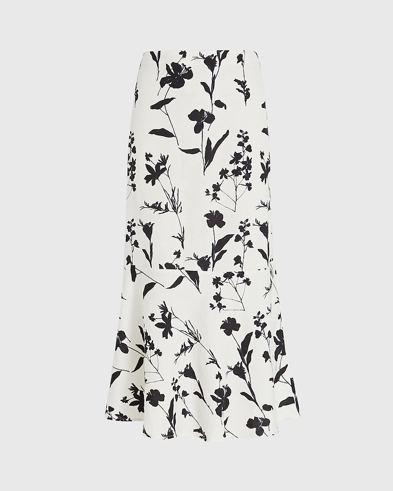 Printed Linen-Blend Midi Skirt