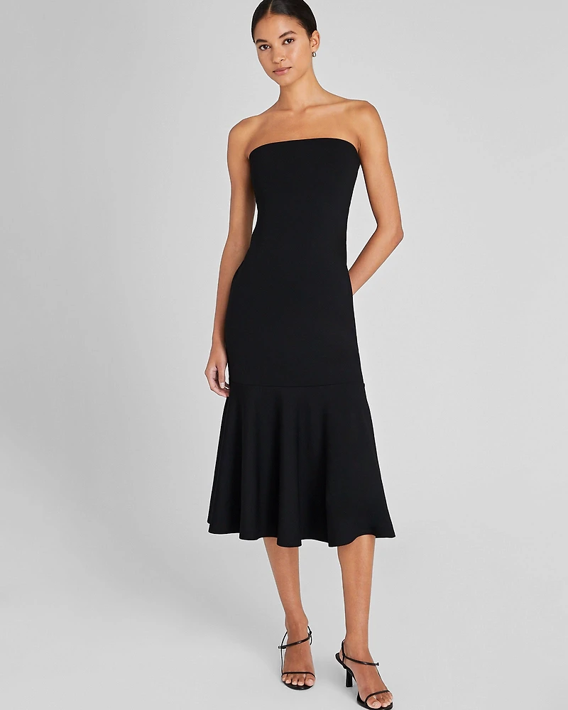 Fluted Strapless Knit Midi Dress