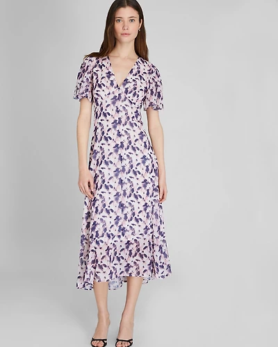 Tiered Flutter Sleeve V-Neck Midi Dress