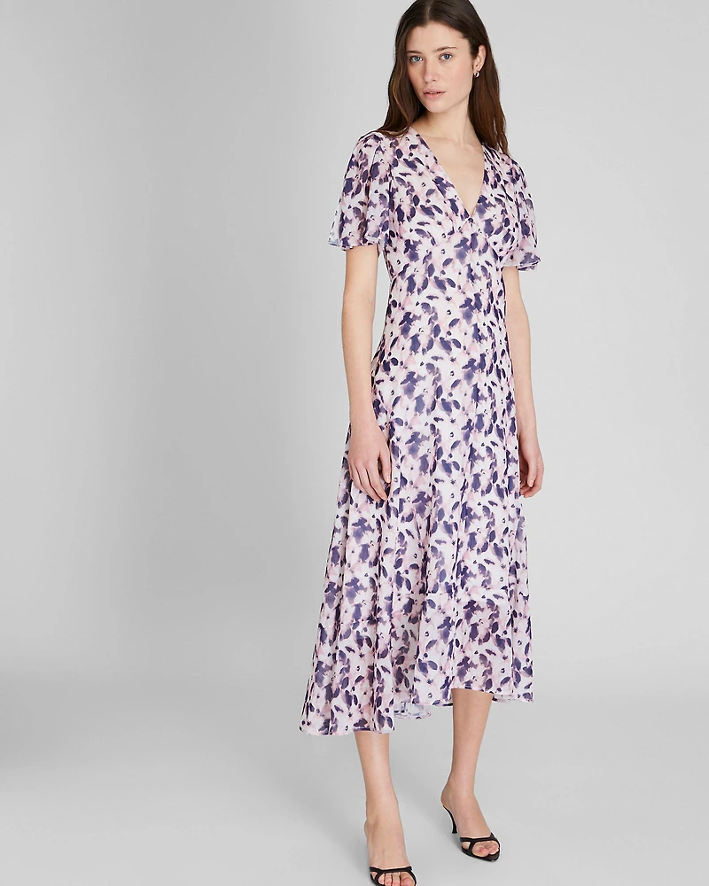 Tiered Flutter Sleeve V-Neck Midi Dress