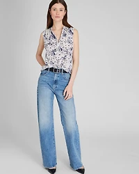 Printed Sleeveless Silk Popover Shirt