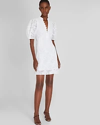 Eyelet Balloon Sleeve Mini Dress