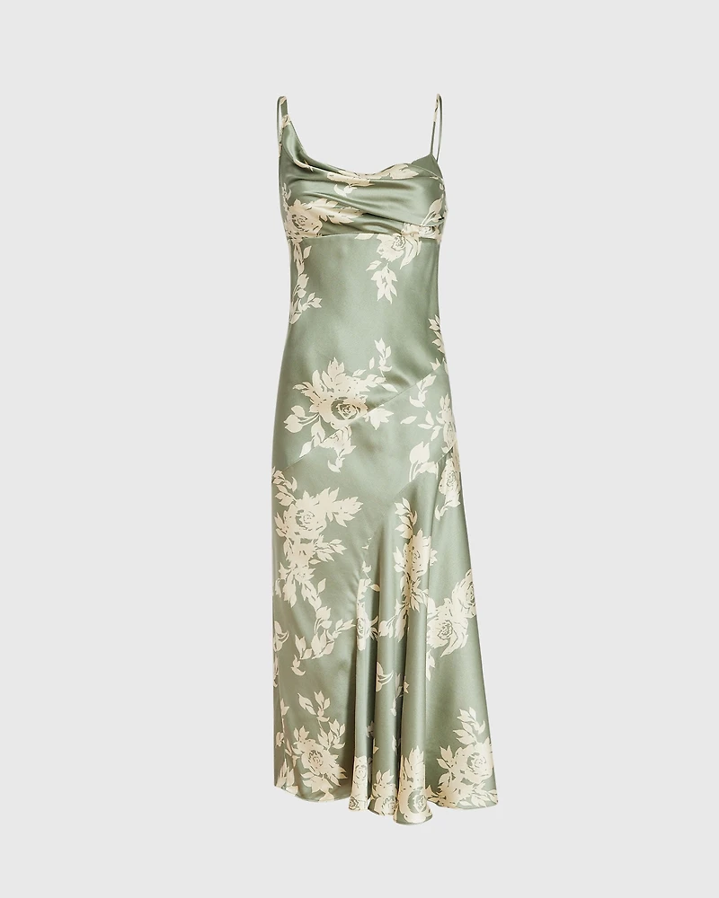 Drape Shoulder Silk Maxi Dress