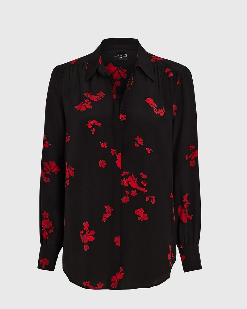 Printed Shirred Shoulder Silk Shirt