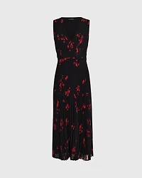 Pleated Floral Print Crepe Midi Dress