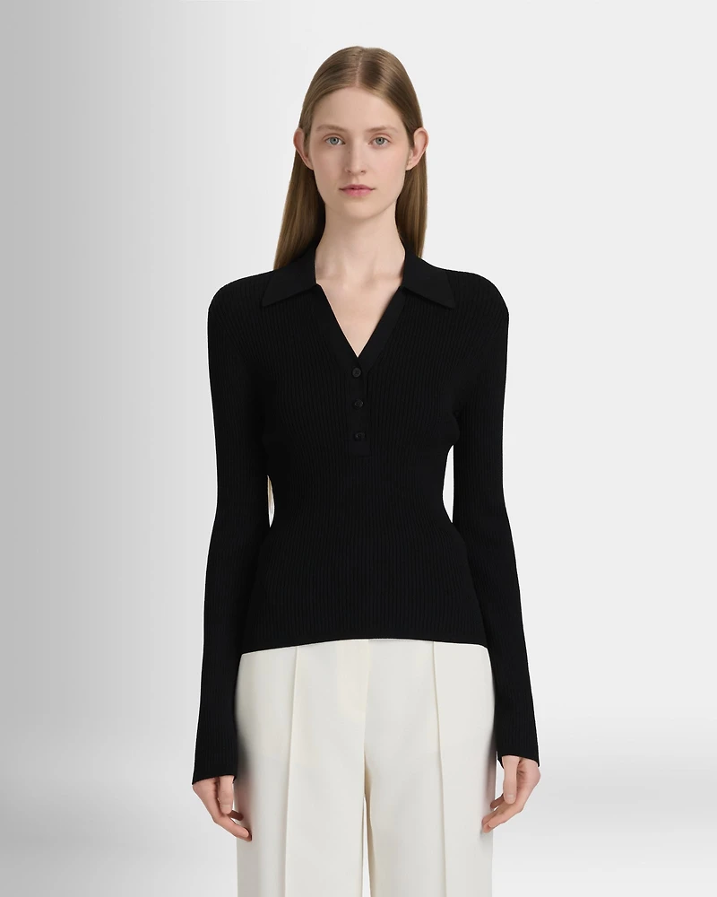 Long-Sleeve Textured Johnny Collar Knit Polo