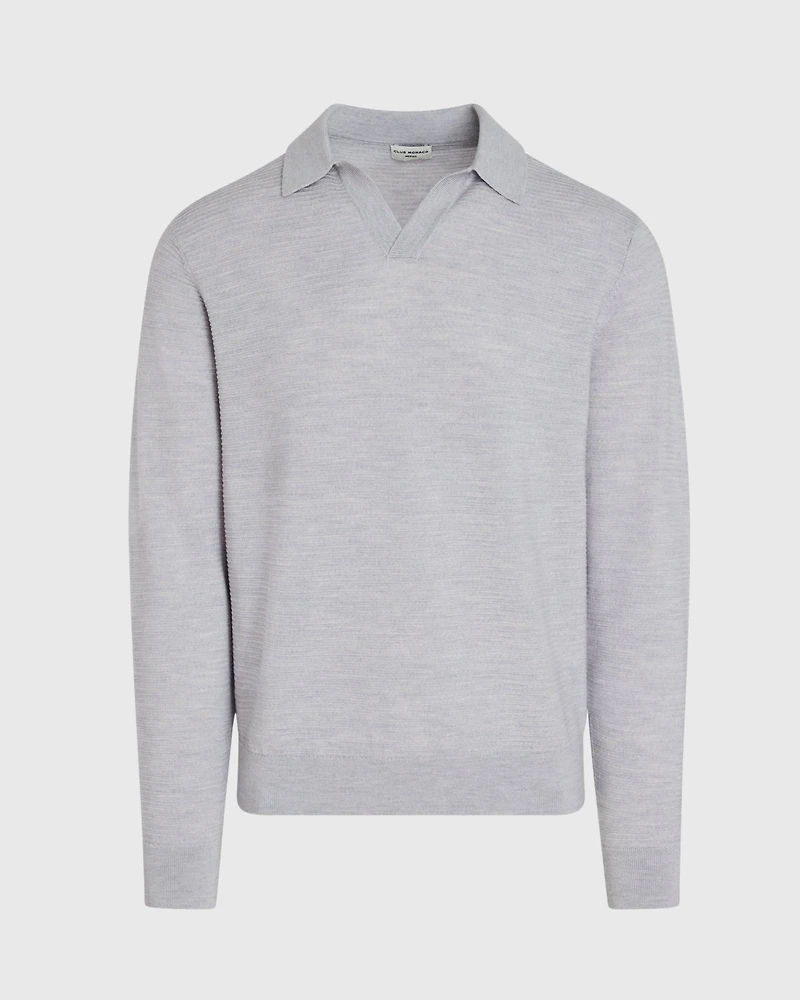 Long-Sleeve Textured Johnny Collar Knit Polo