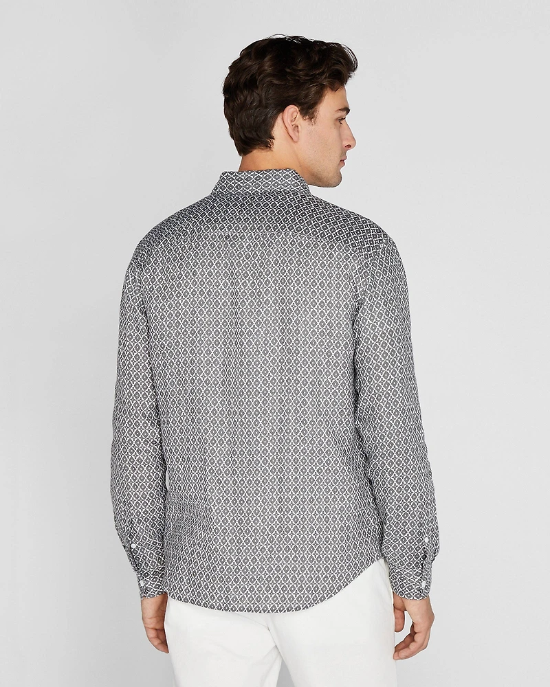 Long Sleeve Tile Print Linen Button Down Shirt