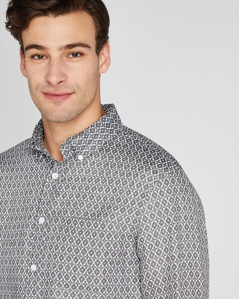 Long Sleeve Tile Print Linen Button Down Shirt