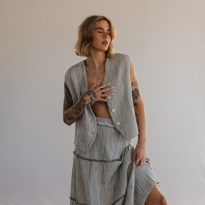 Striped Crinkle Cotton Waistcoat