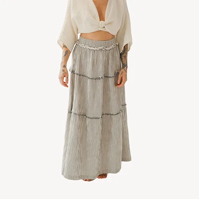 Striped Crinkle Cotton Ruffle Skirt