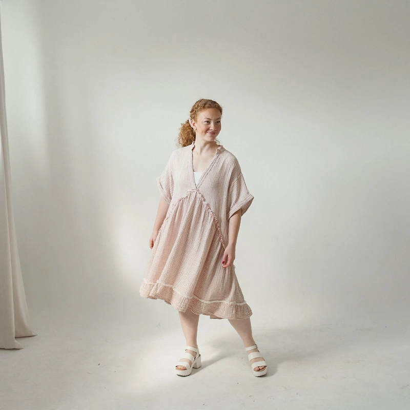 Striped Crinkle Ruffled V Dress