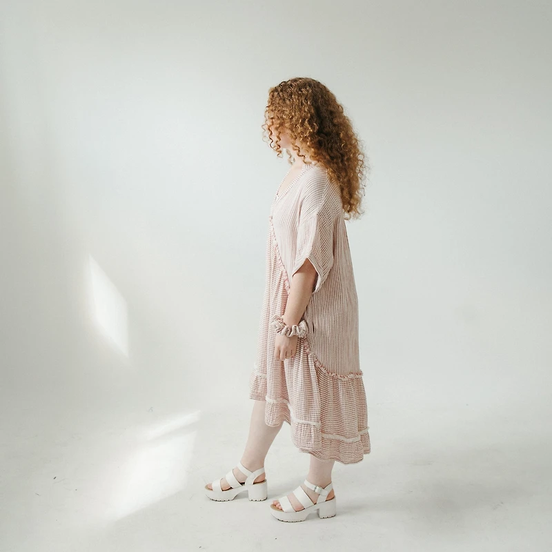 Striped Crinkle Ruffled V Dress