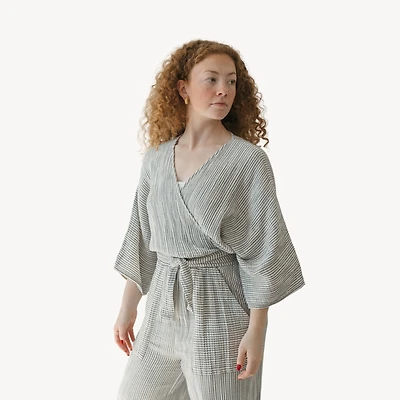 Striped Crinkle Balloon Sleeve Top