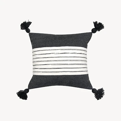 Belted Charcoal Pom Pom Pillow - 18x18"