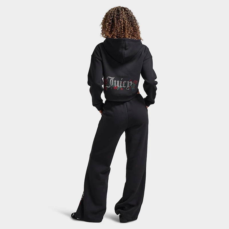 Juicy Couture Women's Cropped Full Zip Fleece Hoodie Roses / Liquorice