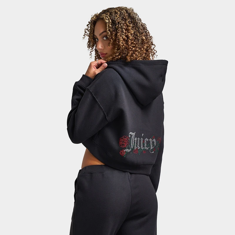 Juicy Couture Women's Cropped Full Zip Fleece Hoodie Roses / Liquorice