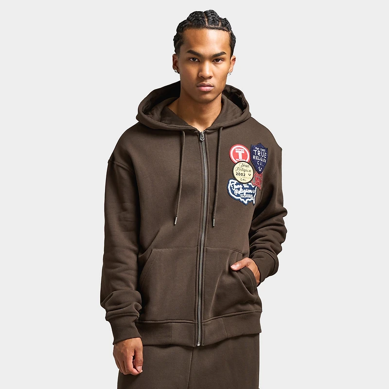 True Religion Patch Vintage Zip Up Hoodie / Dark Brown