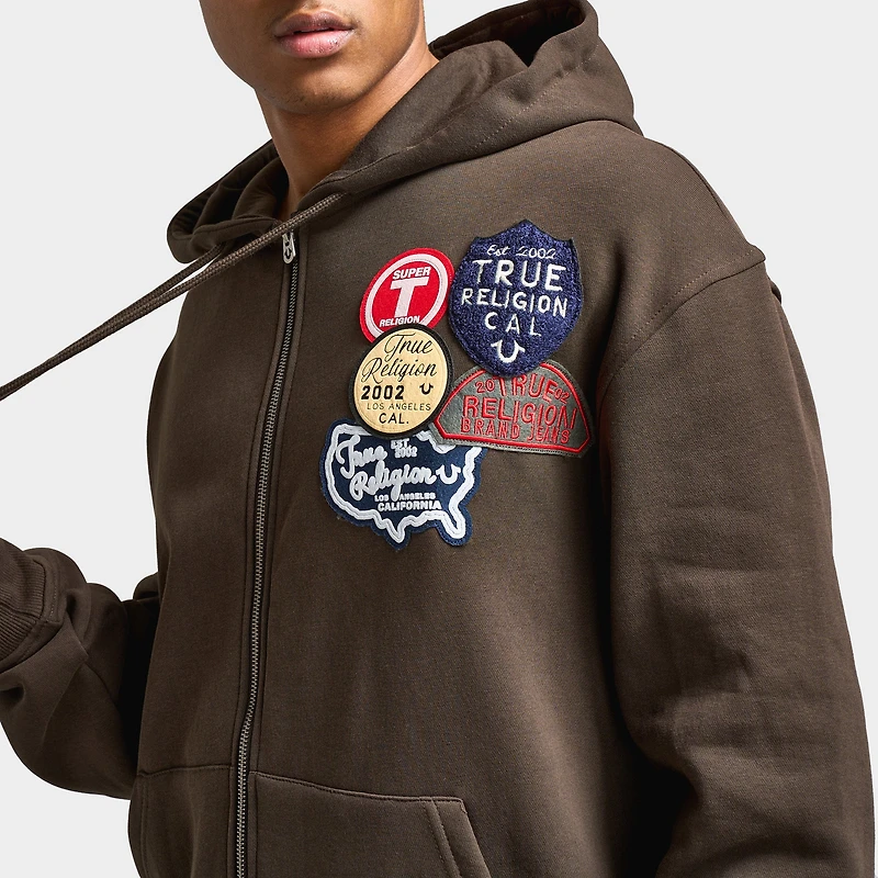 True Religion Patch Vintage Zip Up Hoodie / Dark Brown