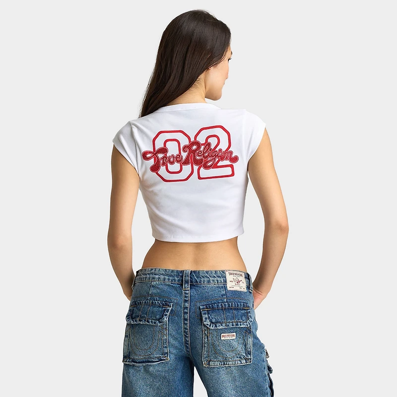 True Religion Women's Crystal Notch Cap Sleeves Tee / White