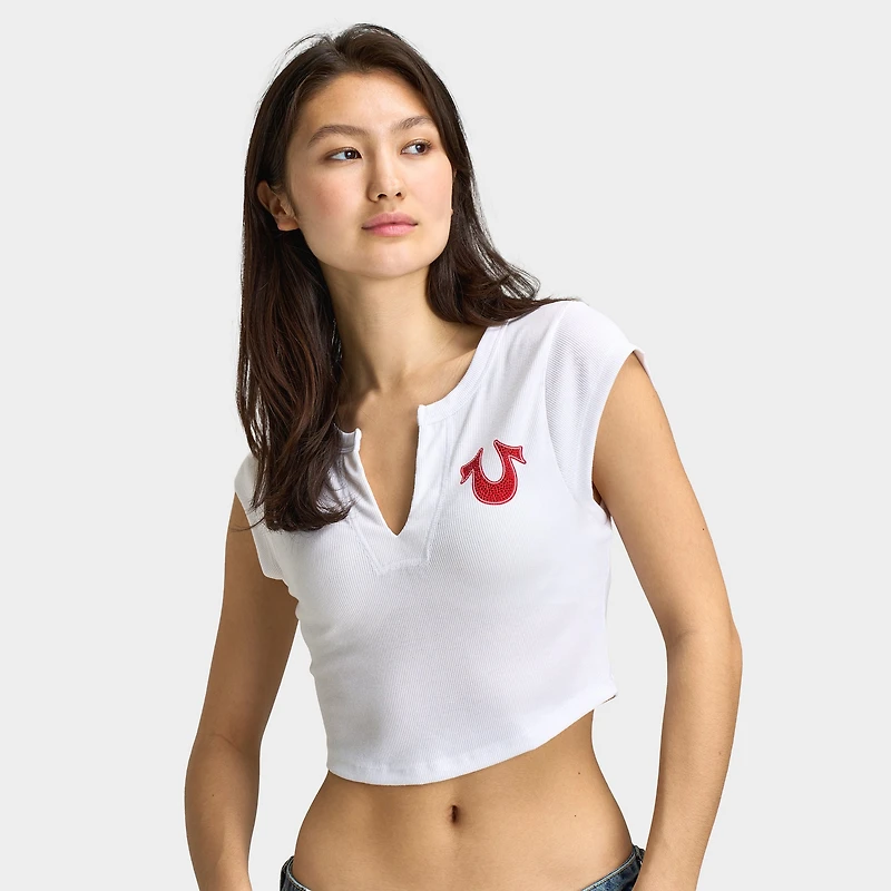 True Religion Women's Crystal Notch Cap Sleeves Tee / White