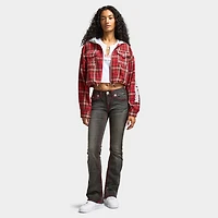 True Religion Women's Applique Hoodie Shrunken Zip / Red Plaid