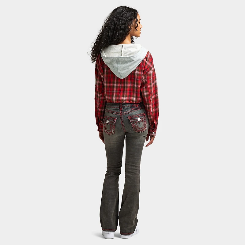 True Religion Women's Applique Hoodie Shrunken Zip / Red Plaid