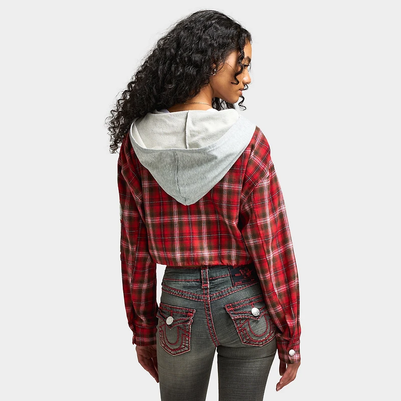 True Religion Women's Applique Hoodie Shrunken Zip / Red Plaid