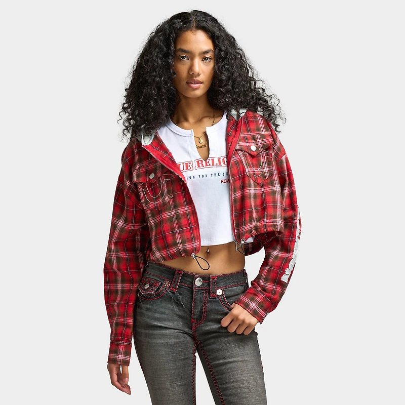 True Religion Women's Applique Hoodie Shrunken Zip / Red Plaid
