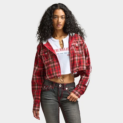 True Religion Women's Applique Hoodie Shrunken Zip / Red Plaid