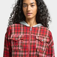 True Religion Women's Applique Hoodie Shrunken Zip / Red Plaid