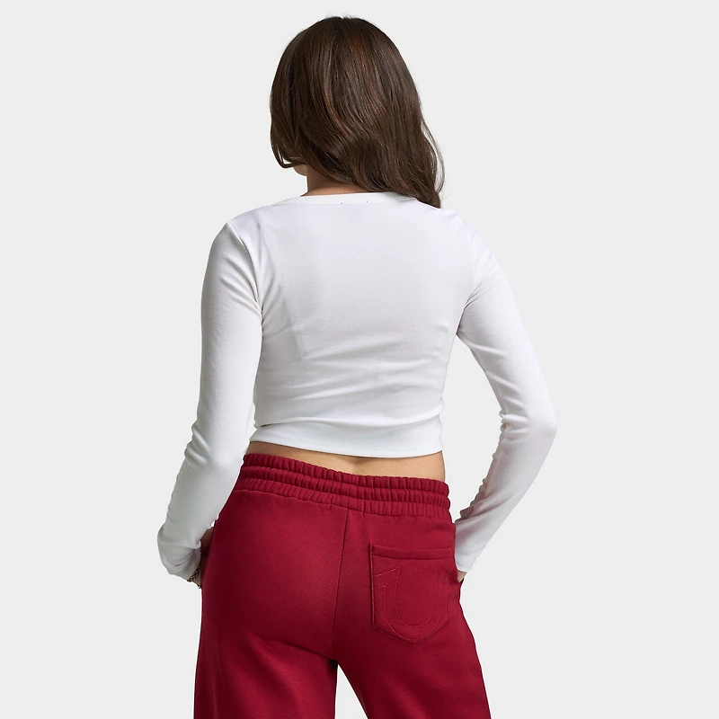 True Religion Haut à manches longues cranté côtelé scintillant pour femme / Blanc